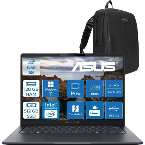 Expertbook B5 B5405CCA Intel® Core™ Ultra 5 225H 128GB Ddr5 512GB SSD 14.0-Inch, Wuxga (1920 x 1200) 300NITS WIN11HOME Taşınabilir Bilgisayar U516512B0DH37+ZETTAÇANTA