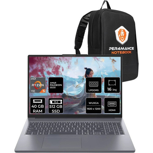 Ideapad Slim 3 Ryzen 5 150 40GB Ram 512GB SSD 16" Fhd+ Freedos 83K80086TRP314 Notebook + Per4 Çanta