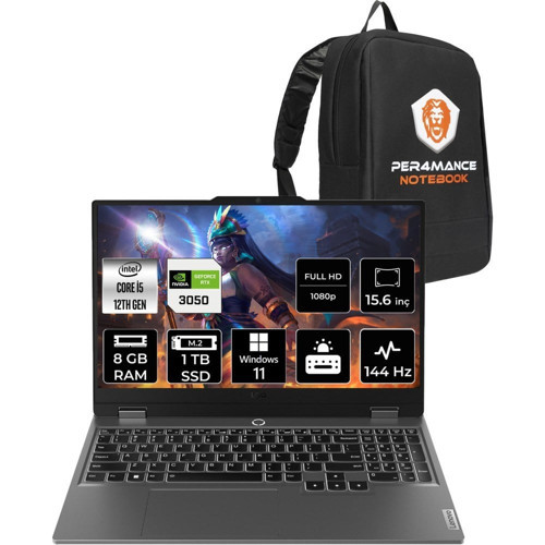 Loq i5 12450HX RTX 3050 Gaming Laptop 8GB RAM 1TB SSD 15.6" FHD 144Hz Win11 Pro + Per4 Çanta 83GS0099TRP383