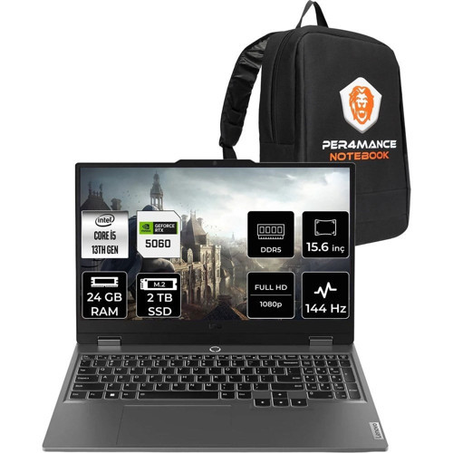 Loq i5 13450HX RTX 5060 8GB Gaming Laptop 24GB RAM 2TB SSD 15.6" FHD 144Hz FreeDOS + Per4 Çanta 83JE00XRTRP314