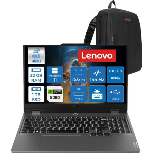 Loq 15IRX10 Intel Core I5-14500HX 32GB Ddr5 1tb SSD RTX5060/8GB 100W 15,6 Inç Full Hd (1920X1080) IPS 300 Nit %100 Srgb, 144 Hz WIN11PRO Gaming Bilgisayar 83JE012LTRP13+ZETTAÇANTA