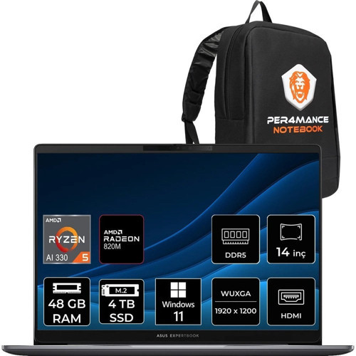 Expertbook P3 Ryzen AI 5 330 Notebook 48GB RAM 14" FHD+ Win11 Pro + Per4 Çanta PM3406R516512G0DP430
