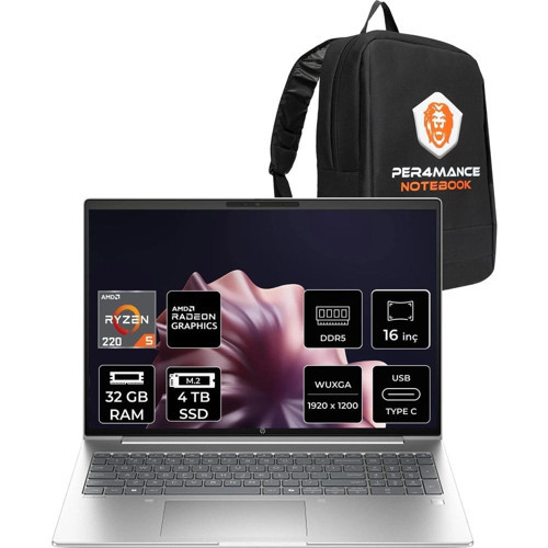 Probook 4 G1AH Ryzen 5 220 32GB RAM 4TB SSD 16" FHD+ FreeDOS CV0E7ATPN320 Notebook + Per4 Çanta