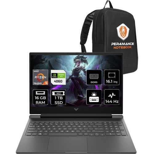 Victus 16 Ryzen 5 7640HS RTX 4060 16GB RAM 1TB SSD 16.1" FHD 144Hz FreeDOS 7Z4M8EAPN309 Gaming Laptop + Per4 Çanta