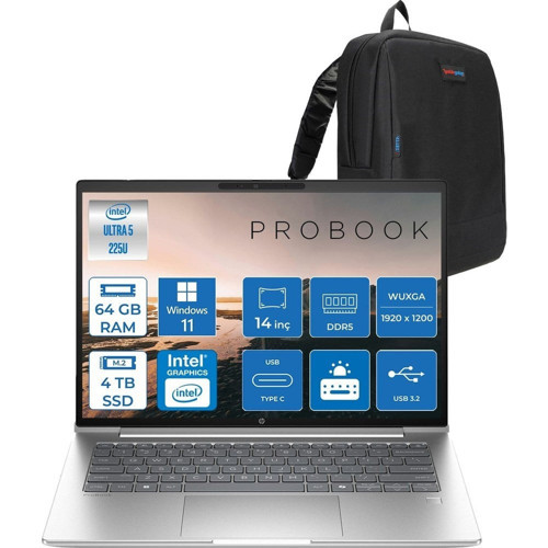 Probook 4 G1I Aı Intel Core Ultra 5 225U 64GB Ddr5 4tb SSD Windows 11 Pro Intel® Aı Boost 14" WUXGA(1920X1200) IPS 300NITS Taşınabilir Bilgisayar C9FH0ETP30 + Zetta Çanta