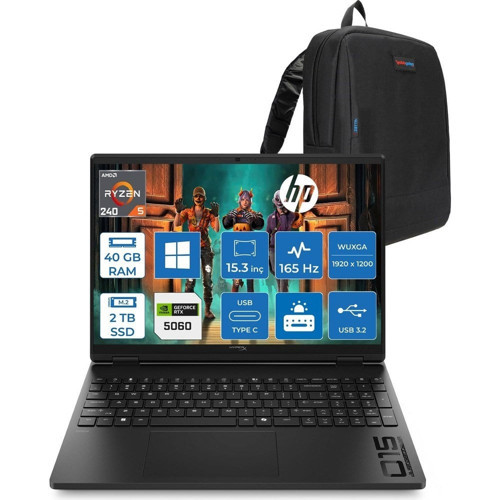 Hyperx Omen 15 Amd Ryzen 5 240 40GB Ddr5 2tb SSD Geforce RTX5060 8gb Windows 11 Home 15.3" Wuxga (1920X1200) IPS 300NITS 165Hz Oyuncu Bilgisayarı HOD2QW3EAH21 + Zetta Çanta