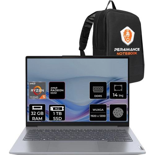 Thinkbook 14 Gen 7 Ryzen 5 7535HS 32GB Ram 1tb SSD 14" Fhd+ Freedos 21MV001ATRP318 Notebook + Per4 Çanta