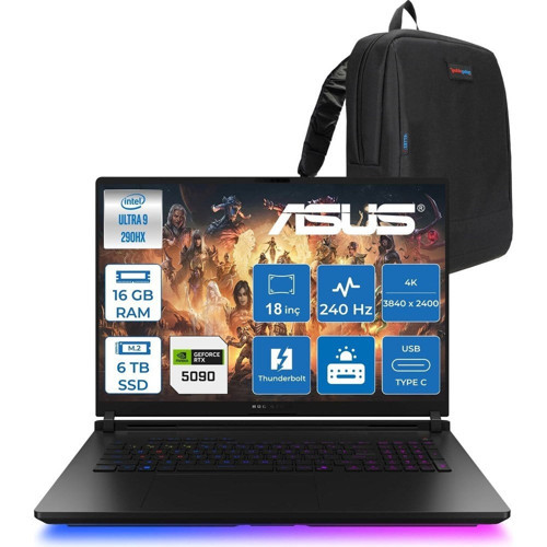 Rog Strix Scar G18 G835LXG-TQ557 Intel Core Ultra 9 290HX Plus 16GB Ddr5 6tb SSD Fdos 175W RTX5090 24GB Ggdr7 18" 4K Wquxga Miniled 240Hz Gaming Laptop ROGTQ557F05 + Zettaçanta