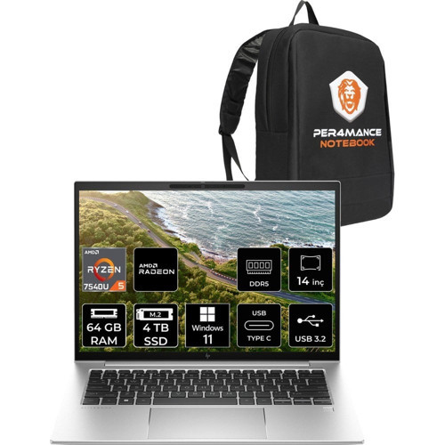 Elitebook 845 G10 Amd Ryzen 5 7540U 64GB 4tb SSD 14" Fhd+Windows 11 Pro Taşınabilir Bilgisayar & Per4 Çanta 819B7EAPN375