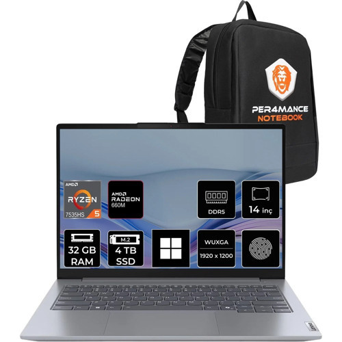 Thinkbook 14 Gen 7 Ryzen 5 7535HS 32GB Ram 4tb SSD 14" Fhd+ WIN11 Pro 21MV001ATRP410 Notebook + Per4 Çanta