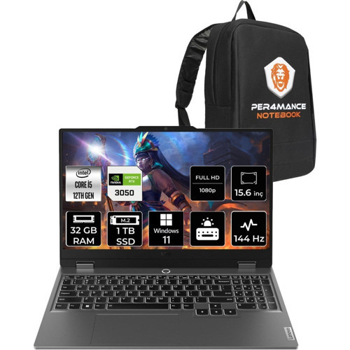 Loq i5 12450HX RTX 3050 Gaming Laptop 32GB RAM 1TB SSD 15.6" FHD 144Hz Win11 Pro + Per4 Çanta 83GS0099TRP398