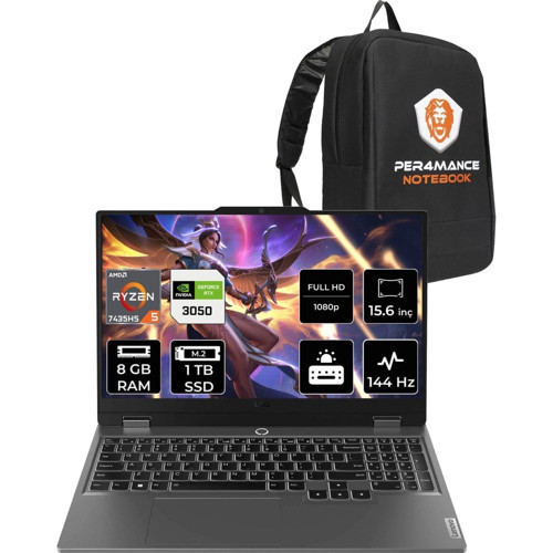 Loq Ryzen 5 7235HS RTX 3050 Gaming Laptop 8GB RAM 1TB SSD 15.6" FHD 144Hz FreeDOS + Per4 Çanta 83JC000QTRP303