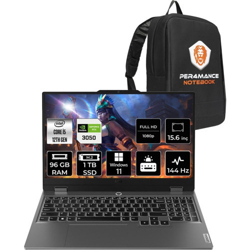 Loq i5 12450HX RTX 3050 Gaming Laptop 96GB RAM 1TB SSD 15.6" FHD 144Hz Win11 Pro + Per4 Çanta 83GS0099TRP418