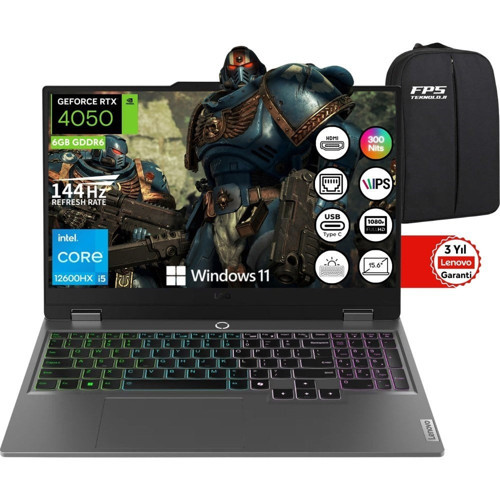 Loq 15IAX9 İ5-12600HX RTX4050 105W 24GB Ram 1tb SSD 15.6" Fhd IPS 144Hz W11 83GS00L8TR Taşınabilir Bilgisayar