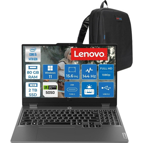 Loq 15IRX10 Intel Core I5-14500HX 80GB Ddr5 2tb SSD RTX5050/8GB 100W 15,6 Inç Full Hd (1920X1080) IPS 300 Nit %100 Srgb, 144 Hz WIN11PRO Gaming Bilgisayar 83JE0128TRP29+ZETTAÇANTA