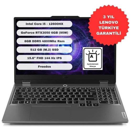 Loq 15IAX9 83GS00PDTR Intel Core I5-12600HX 8gb 512GB SSD RTX3050-6GB 15.6" IPS Freedos Taşınabilir Bilgisayar