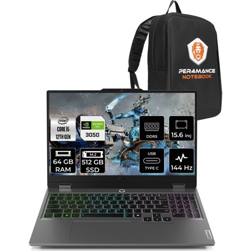 Loq i5 12600HX RTX 3050 Gaming Laptop 64GB RAM 512GB SSD 15.6" FHD 144Hz FreeDOS + Per4 Çanta 83GS00PCTRP332