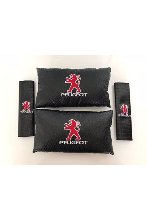 Peugeot Nakışlı Deri 1 Çift Boyun Yastık Ve 1 Çift Kemer Pedi