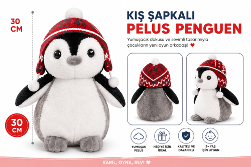 30 cm Kış Şapkalı Peluş Penguen – Yumuşak Sevimli Peluş Oyuncak