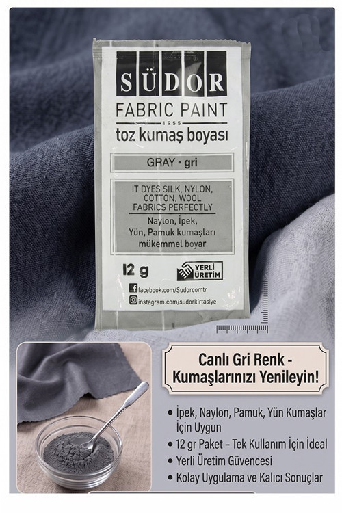 Gri Kumaş Boyası Toz 12 gr 1 Adet Südor Toz Kumaş Boyası Kot Pantalon Gömlek Tişört Tekstil Kumaş Boyası 1 Adet