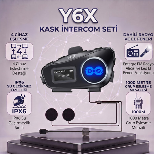 Y6X Kask Intercom Seti - 4 Cihaz 1000M Grup Eşleşme, FM Radyo & IPX6 Su Geçirmez