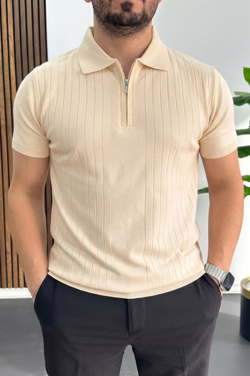 Erkek Çizgi Desenli Polo Yaka Krem Edw458