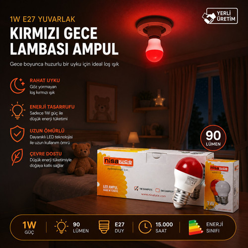 10 ADET 1W E27 KIRMIZI YUVARLAK GECE LAMBASI LED AMPUL EAMP-075 (2818)