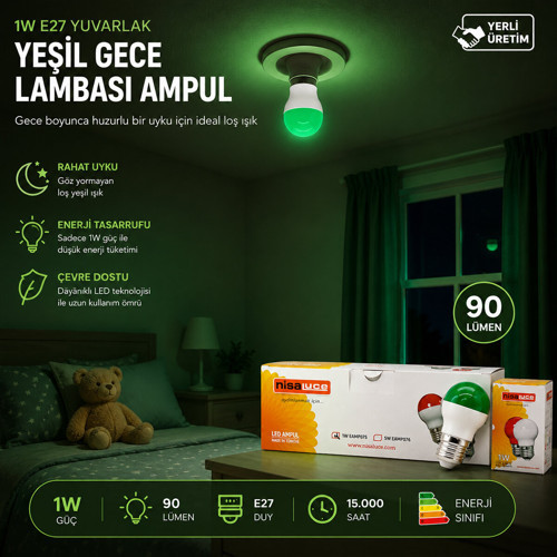10 ADET 1W E27 YEŞiL YUVARLAK GECE LAMBASI LED AMPUL EAMP-075 (2818)