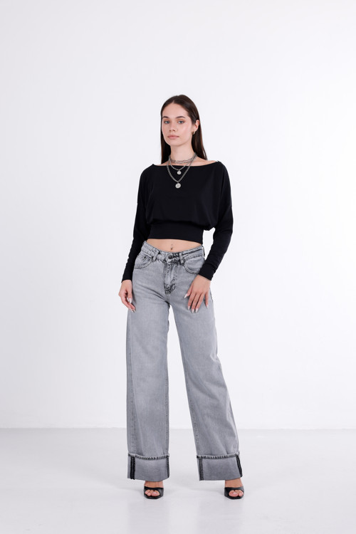 Paça Katlı Wide Leg Jean Pantolon
