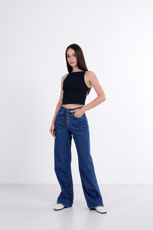 Önden Düğmeli Yüksek Bel Baggy Jean