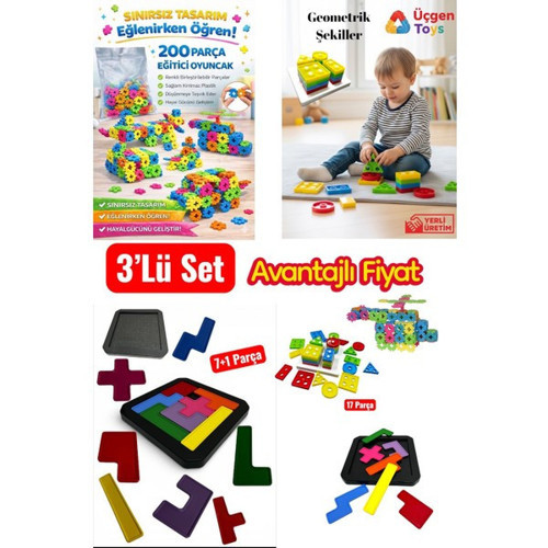 Building Block 200 Parça+Geometrik Şekiller+Zeka Blokları 3Lü Set+Eğitici Oyuncak+Montessori Oyuncak+Renkleri Birleştirilebilir+Yapı Seti