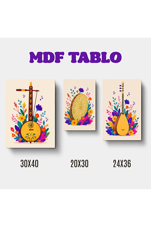 Müzik Aletleri TEMBUR DEF SAZ Motifli Tasarımlı Duvar Dekoratif Mdf Ahşap Retro Poster Tablo SETİ