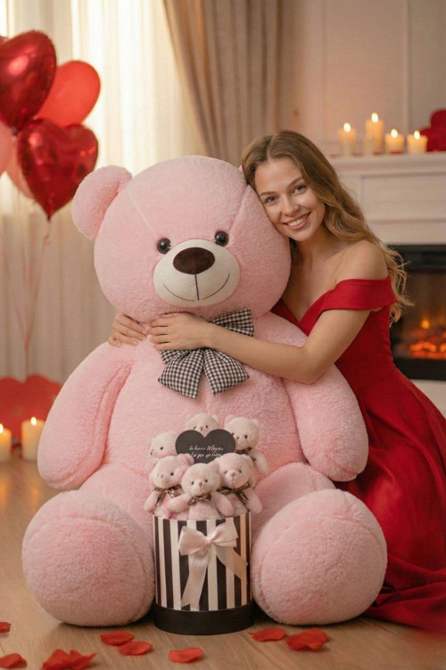 Kadınlar Günü’ne Özel: 90 CM Peluş Ayı & Aynalı Mesajlı Pembe Silindir Ayıcık Buketi | Romantik Sevgiliye Hediye Buket