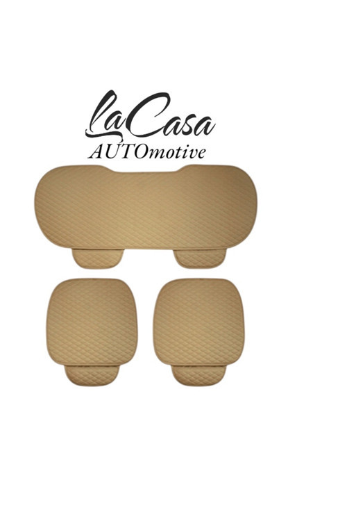 Ergonomik,Ortopedik,Suni Deri Kapitoneli Lüks Lacasa Oto Koltuk Kılıfı-Minderi (3 Lü Set)Krem