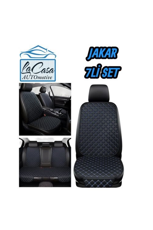 Ergonomik,Ortopedik,Jakar Kapitoneli Lüks Lacasa Oto Koltuk Kılıfı-Minderi (7Li Tam Set)Siyah-Mavi