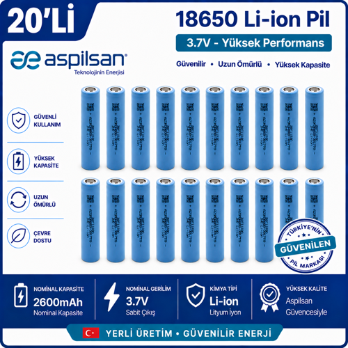 Aspilsan 18650 2600mAh 3.7V Li-ion Şarjlı Pil 20'li Paket | Orijinal INR18650A28 Lityum İyon Hücre | Elektrikli Bisiklet
