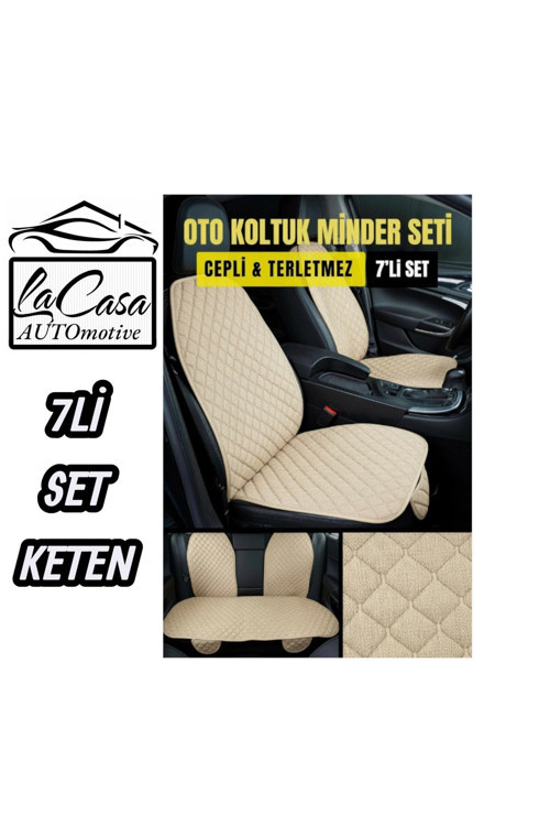 Terletmez Keten, Cepli, Kolay Montaj,Oto Koltuk Koruyucu Lacasa Kılıf-Minder Seti (7Li Tam Set)