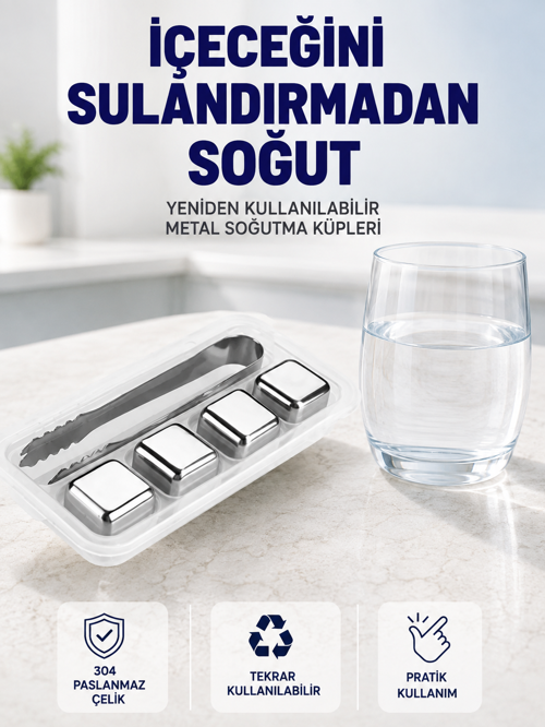 Paslanmaz Çelikten Üretilmiş Metal Buz Küpü Seti ve Buz Klipsi