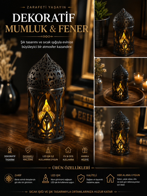 🏮 Barok Desenli Dekoratif LED Mumluk & Fener