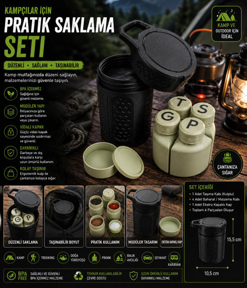 Kamp & Outdoor Çok Amaçlı Baharat ve Saklama Seti – Taşınabilir 6 Parça