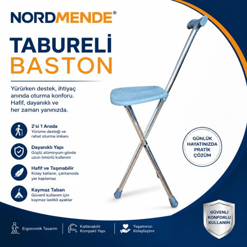 Mey İthalat® Tabureli Baston Oturaklı Katlanabilir Yürüyüş Bastonu Taşınabilir Baston Sand