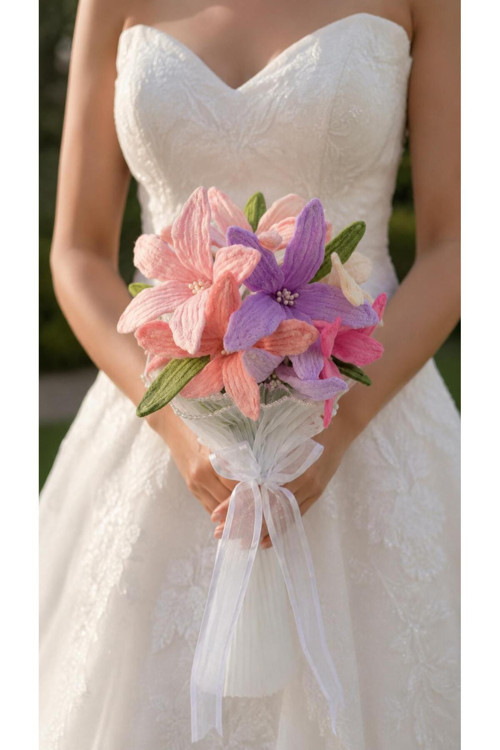 El Yapımı Solmayan Yuvarlak Gelin Buketi | Şönil Gelin Buketi | Lila Pembe Bridal Bouquet | Düğün, Nikah Ve Nişan Çiçeği