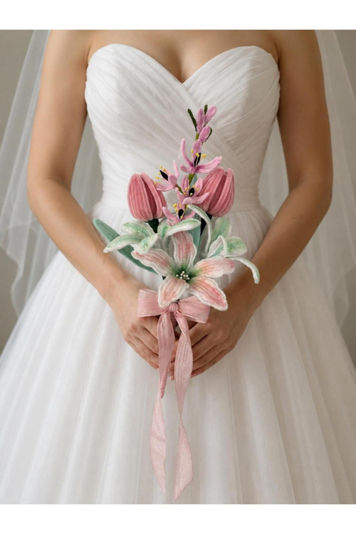 El Yapımı Solmayan Gelin Buketi | Şönil Düğün Buketi | Beyaz-Pembe Bridal Bouquet | Nişan, Nikah Ve Düğün Çiçeği