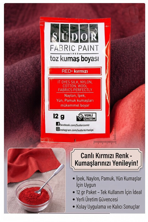 Kırmızı Kumaş Boyası Toz 12 gr 1 Adet Südor Toz Kumaş Boyası Kot Pantalon Gömlek Tişört Tekstil Kumaş Boyası 1 Adet