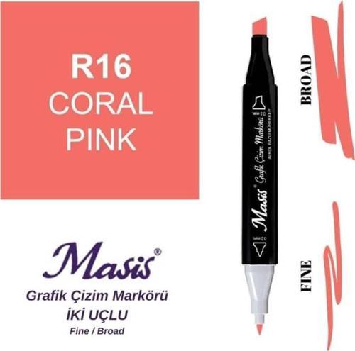 Çift Uçlu Marker Grafik Çizim Kalemi 16 Mercan  Pembe