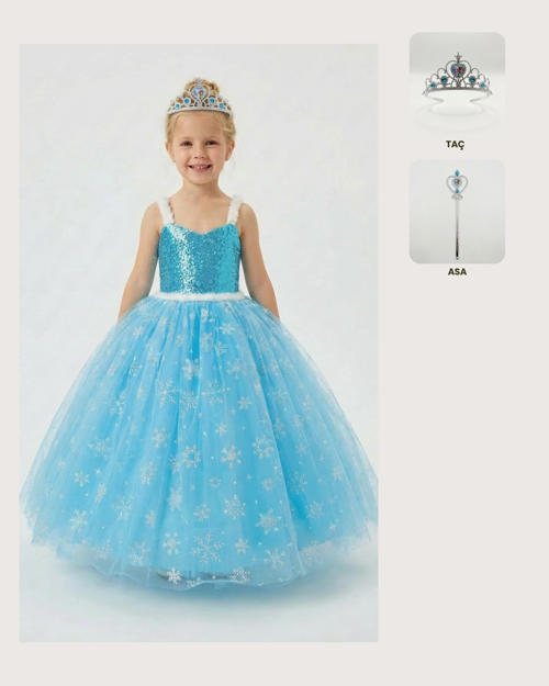 Frozen Elsa Kostümü Askılı Kız Çocuk Prenses Elbisesi Taç ve Asa Hediyeli