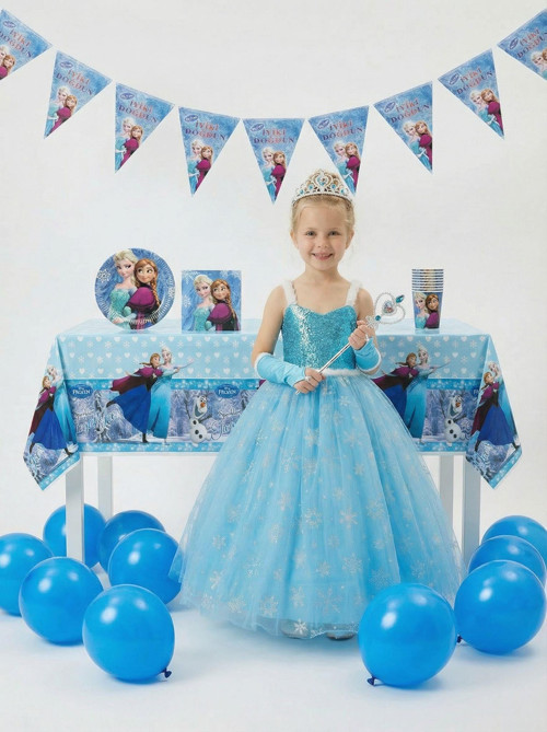 Frozen Elsa Temalı Kız Çocuk Prenses Elbise Askılı Tüllü Kabarık Taç Asa Eldiven + Doğum Günü Parti Seti Hediyeli