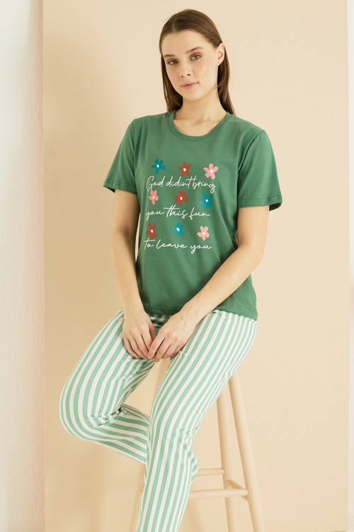 Pamuklu Bisiklet Yaka Örme Pijama Takım25103241