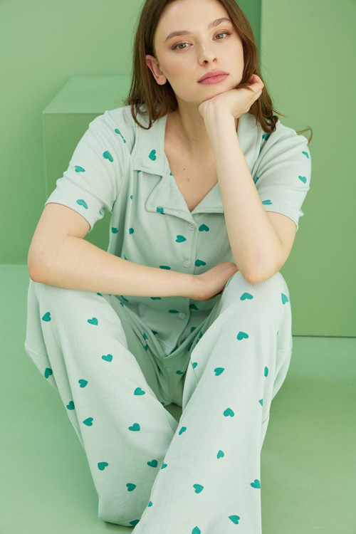 Fitilli Kaşkorse Örme Düğmeli Gömlek Yaka Pijama Takım
