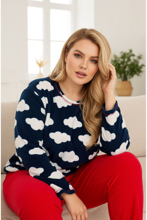 Bulut Desenli Büyük Beden Polar Kışlık Örme Pijama Takım